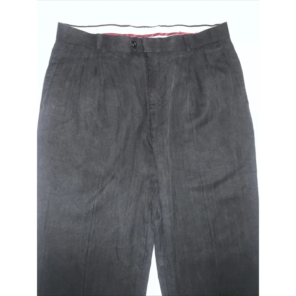 Louis Raphael Soft Pleated Dress Pants 100% Silk Black Herringbone Cuffed 36x30